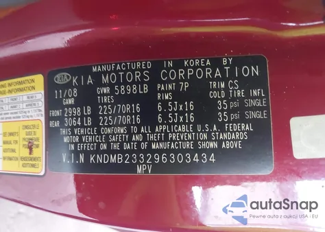 2009 Kia Sedona Lx z USA, uszkodzony, nr VIN KNDMB233296303434